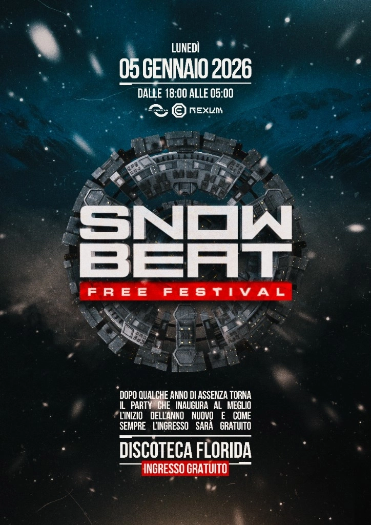 Poster Snow Beat Free Festival con struttura meccanica circolare e paesaggio innevato