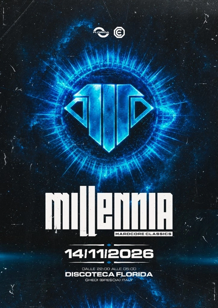 Poster Millennia Hardcore Classics con emblema neon blu su sfondo cosmico
