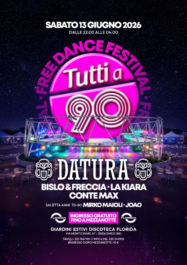 Poster Tutti a 90 Free Dance Festival con logo rosa e scenario outdoor illuminato