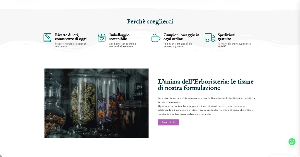 Sezione “Perché sceglierci” e presentazione delle tisane della casa