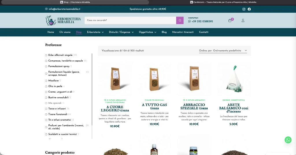 Catalogo shop con filtri laterali e griglia delle tisane