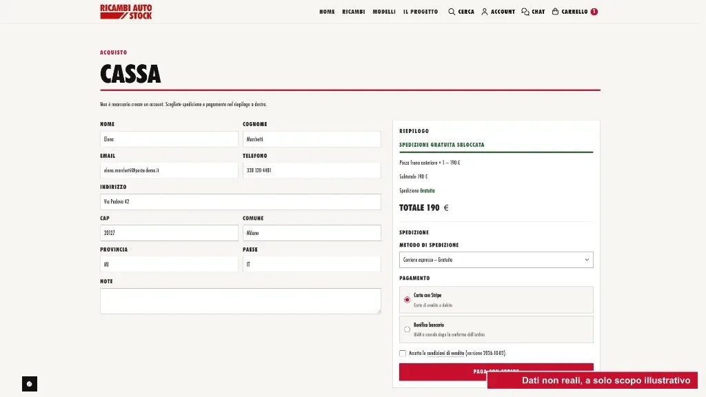 Cassa con pagamento con carta o bonifico e dati d’esempio
