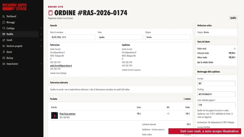 Scheda ordine con spedizione, pagamento e monitoraggio del collo