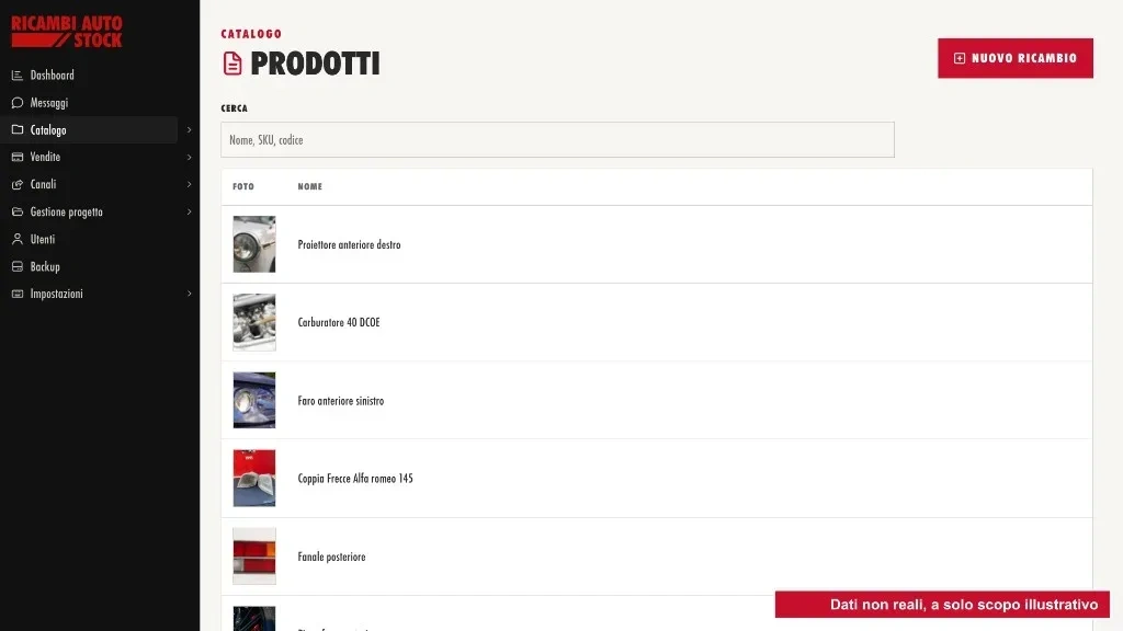 Archivio dei ricambi nell’area di gestione, con foto e nome