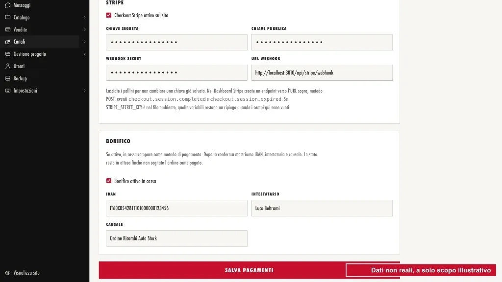 Impostazioni di pagamento con carta e bonifico, dati d’esempio
