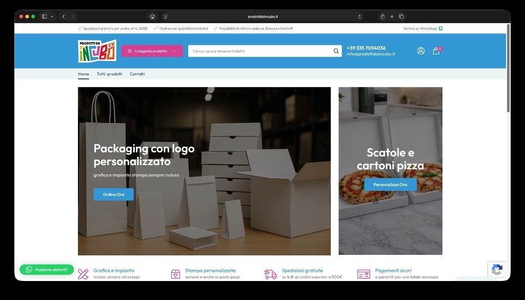 Homepage di Prodotti da Incubo con banner packaging e scatole pizza