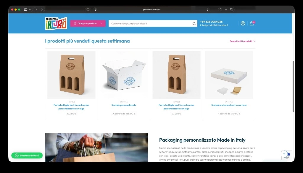 Sezione prodotti più venduti e packaging personalizzato Made in Italy