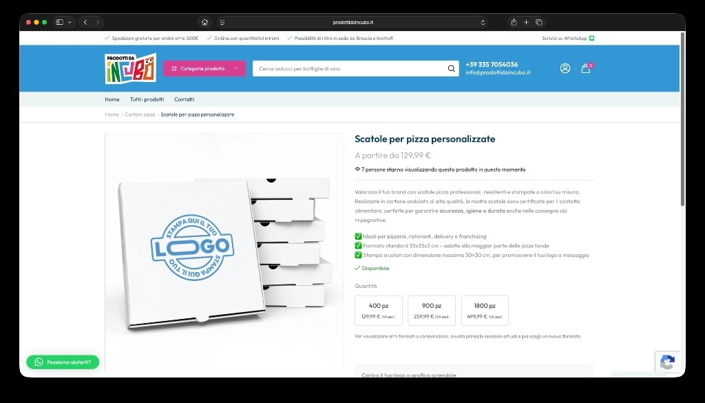 Pagina prodotto scatole pizza con selezione quantità e prezzi a scaglioni