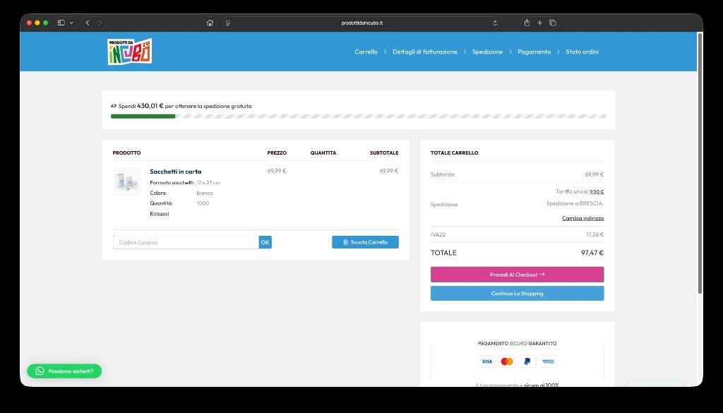 Carrello personalizzato con riepilogo configurazione e totale ordine