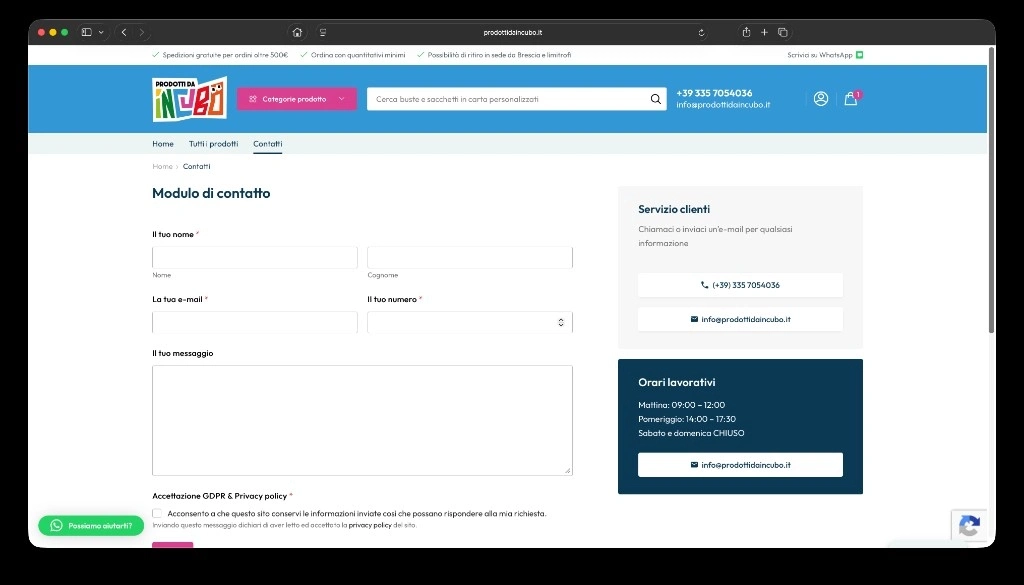 Pagina contatti con modulo e informazioni di servizio clienti