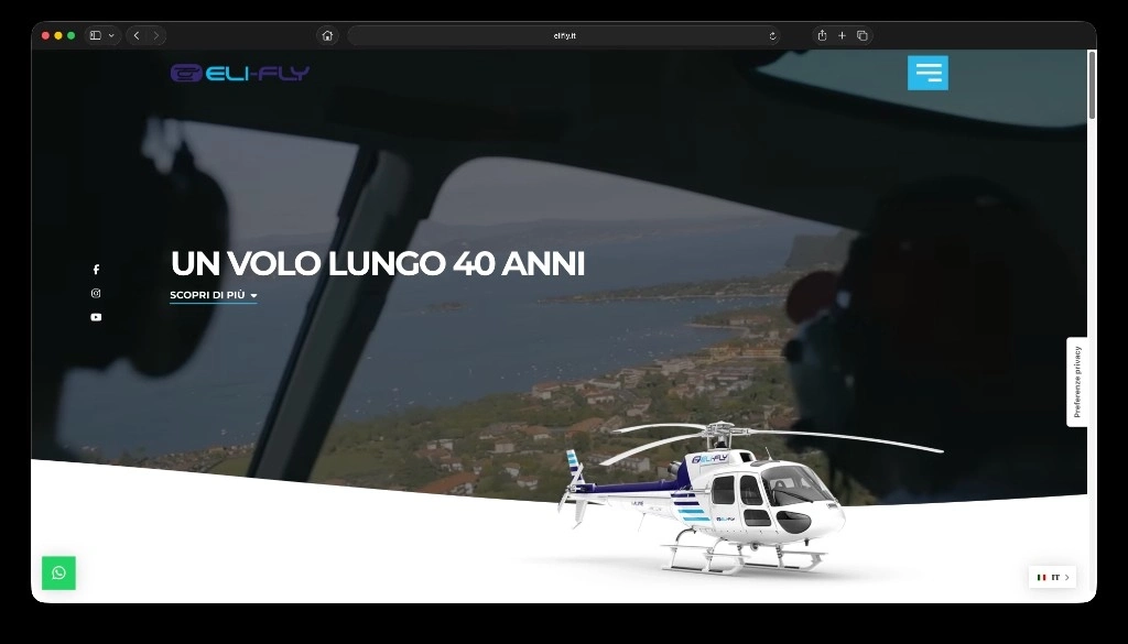 Homepage Elifly con hero immersiva dalla cabina di pilotaggio e elicottero in primo piano