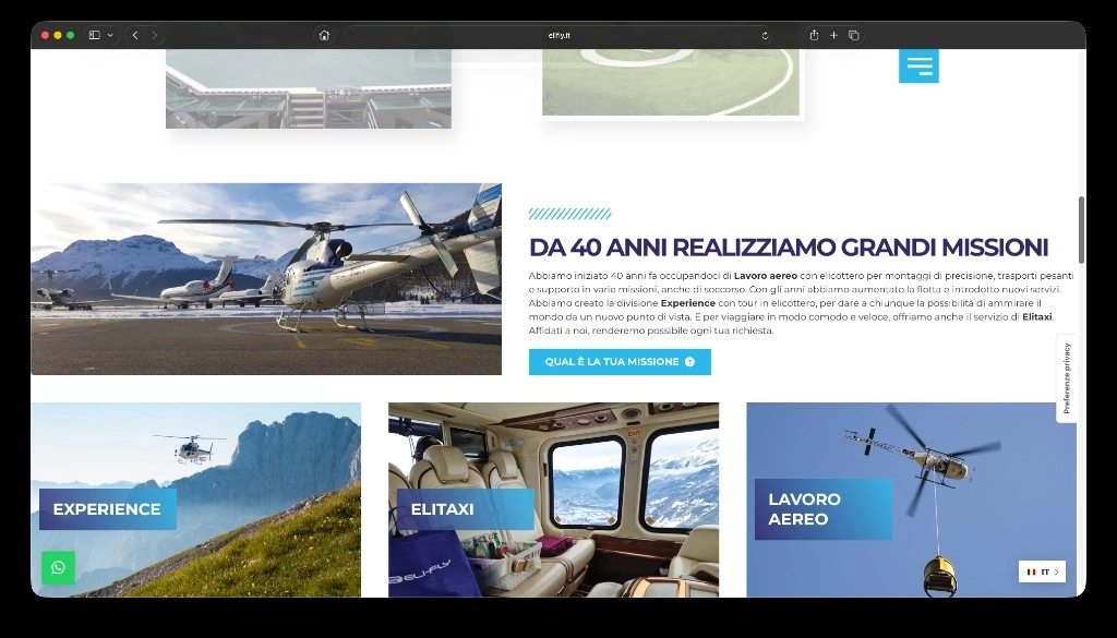 Sezione servizi Experience, Elitaxi e Lavoro Aereo sulla homepage Elifly