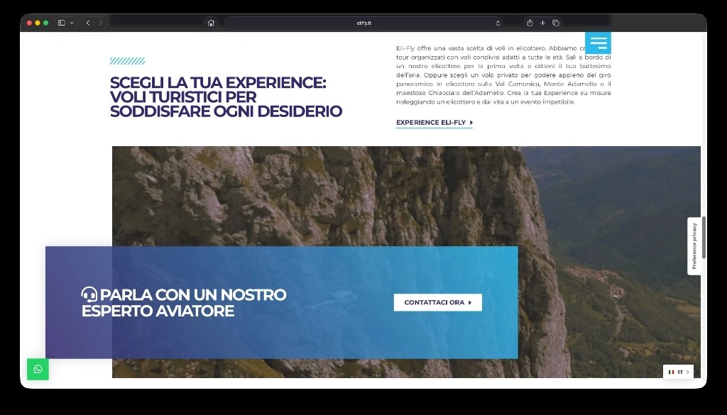 Pagina Experience con voli turistici e banner di contatto