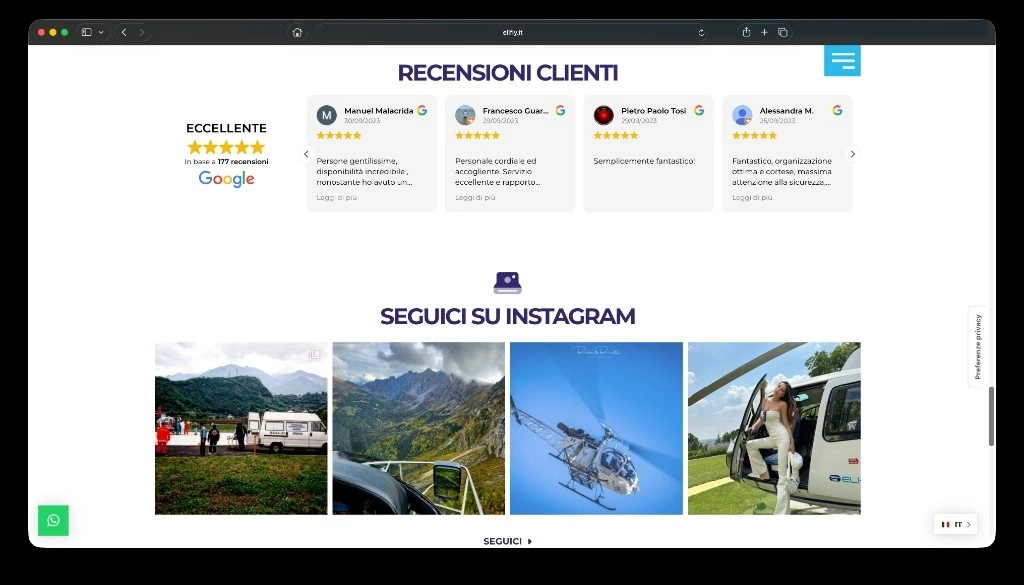 Sezione recensioni Google e feed Instagram del sito Elifly