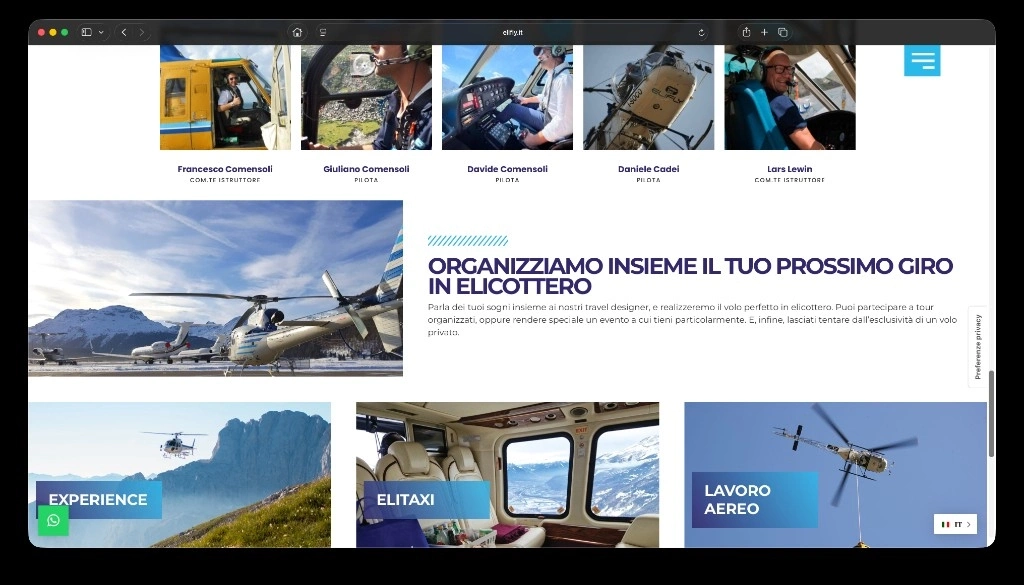 Team di piloti e griglia servizi Experience, Elitaxi e Lavoro Aereo
