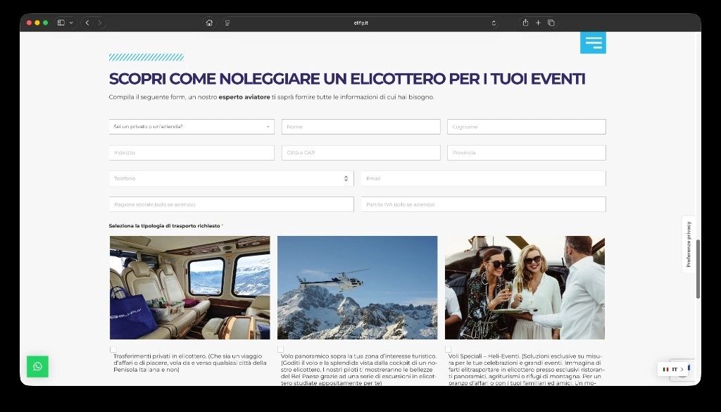 Modulo di contatto personalizzato per noleggio elicottero ed eventi