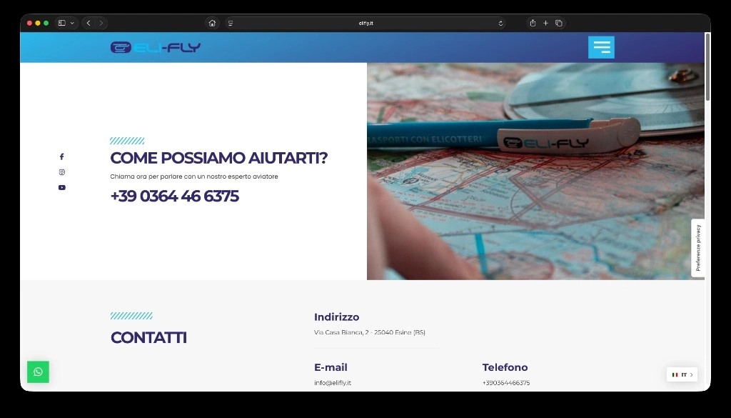 Pagina contatti Elifly con telefono, indirizzo e dettaglio mappa di volo