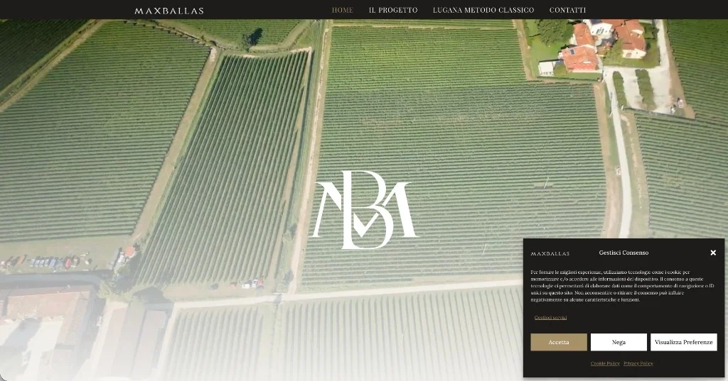 Homepage del sito MaxBallas con ripresa aerea dei vigneti e logo centrale