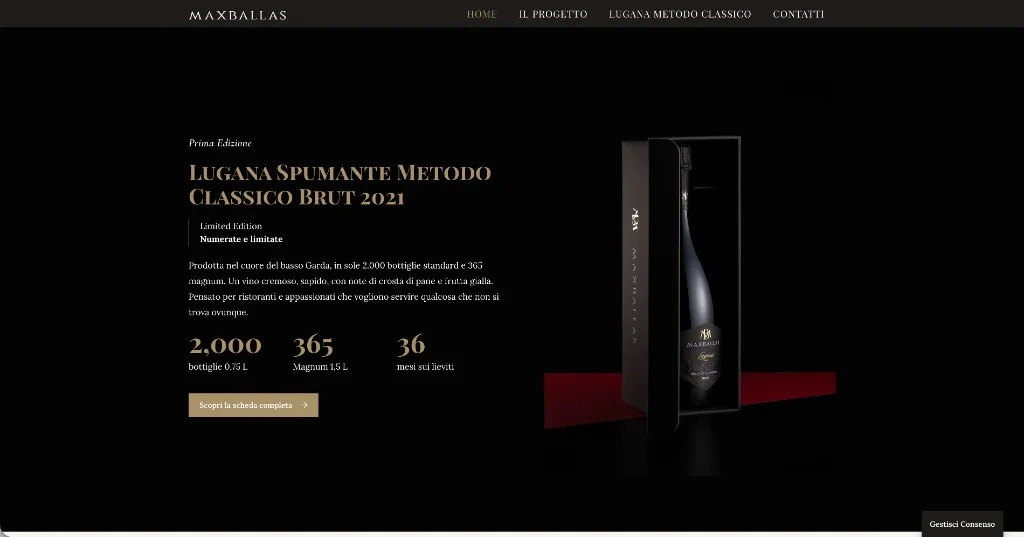 Web design scuro per il Lugana Metodo Classico, con bottiglia e packaging