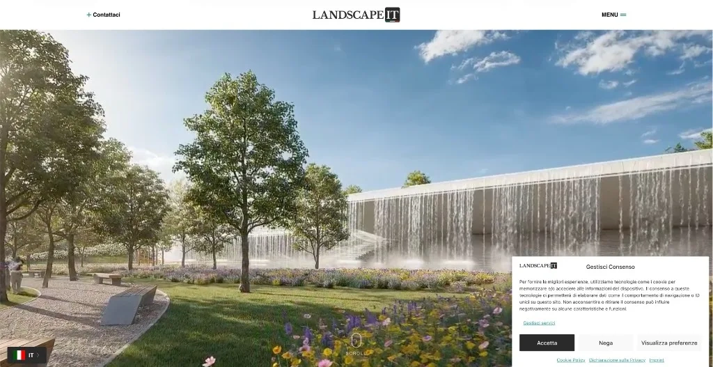 Homepage di LandscapeIT con rendering del parco e banner cookie